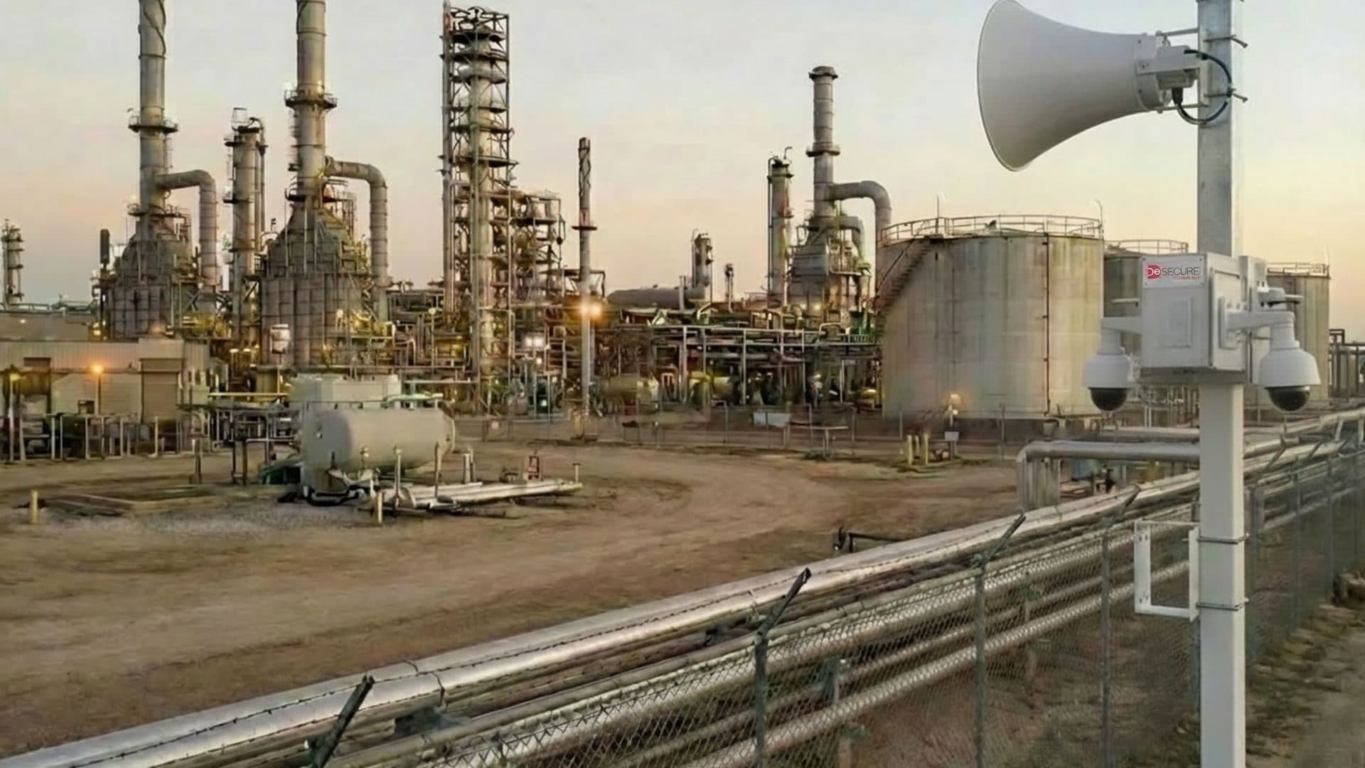 Rafineri sahasının çevre çitinde kameralı ve hoparlörlü izleme direği